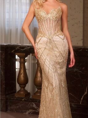 Strapless Gold Embellished Evening Gown